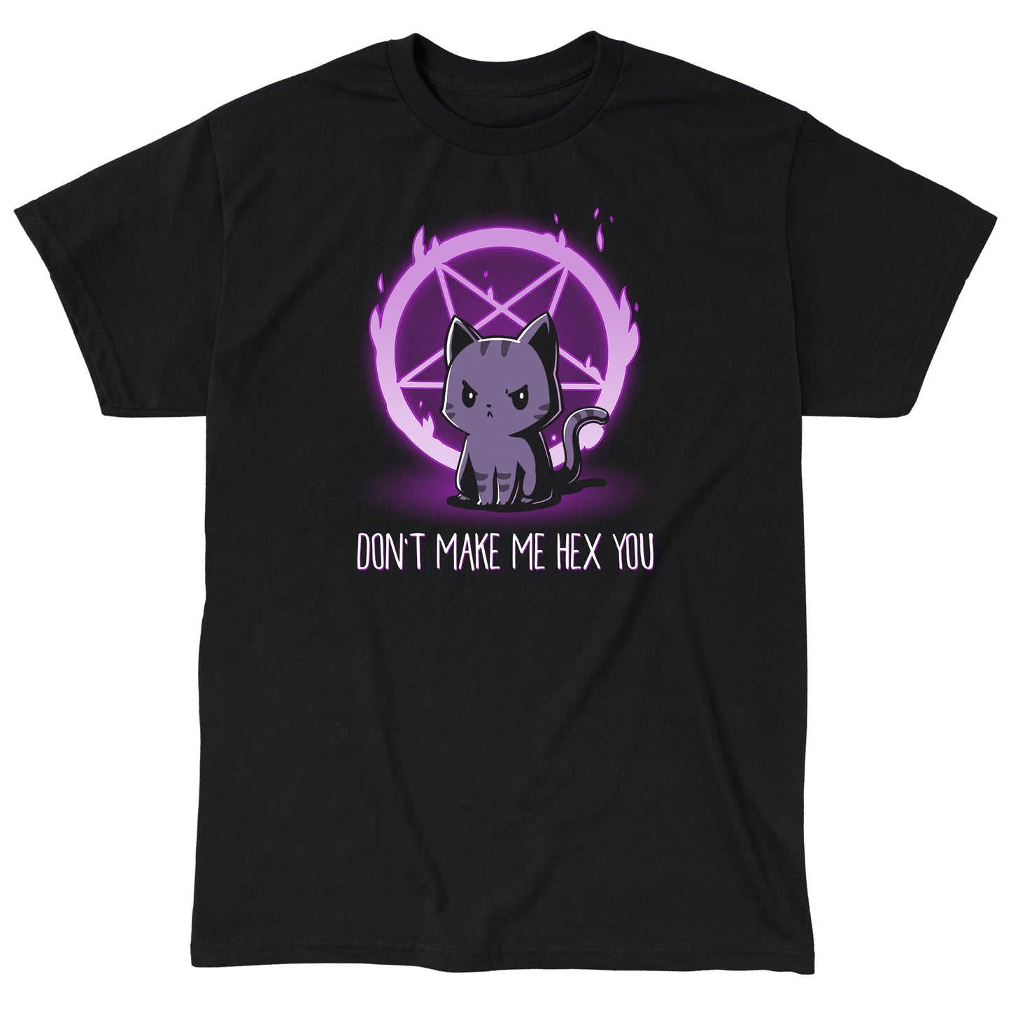 Classic Cotton T-shirt_TeeTurtle Don't Make Me Hex You black t-shirt featuring a cat in front of a purple flaming pentagram.