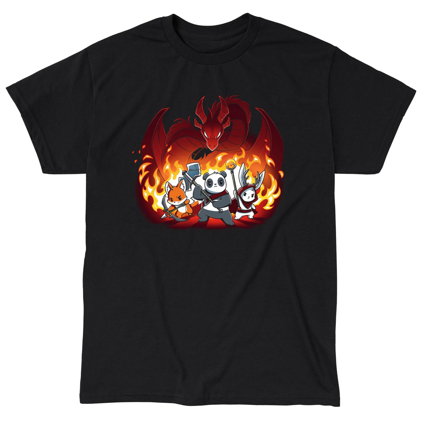 Classic Cotton T-shirt_TeeTurtle Dragon Fight black t-shirt featuring a panda warrior, an archer fox, and a winged cat standing ready for battle in front of a fire-breathing red dragon, with flames in the background.