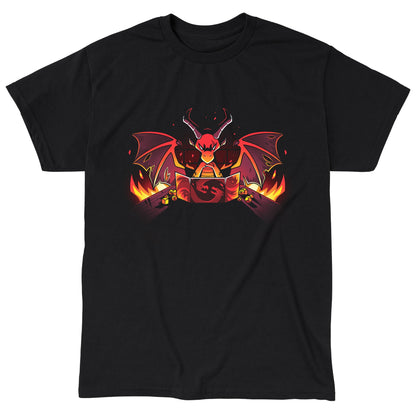 Classic Cotton T-shirt_TeeTurtle black Dragon Master. Featuring a sinister-looking dragon dungeon master with flames in the background.