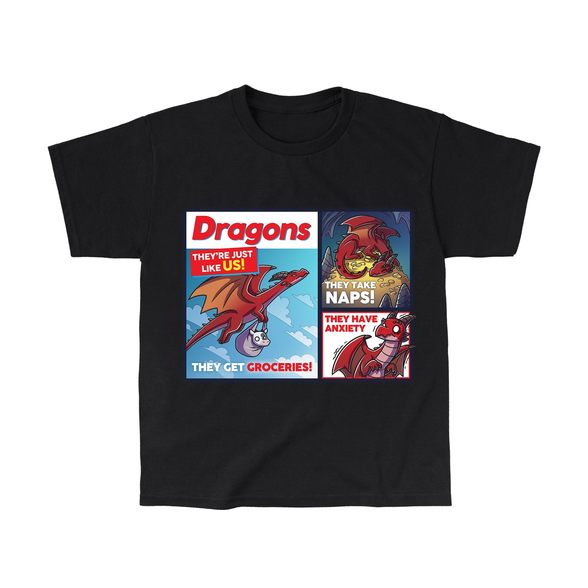 Classic Cotton T-shirt_TeeTurtle black Dragons: They're Just Like Us! t-shirt featuring a dragon getting groceries by holding a cow in a grocery bag and flying in the sky, taking a nap on a pile of gold coins, and shaking from anxiety.