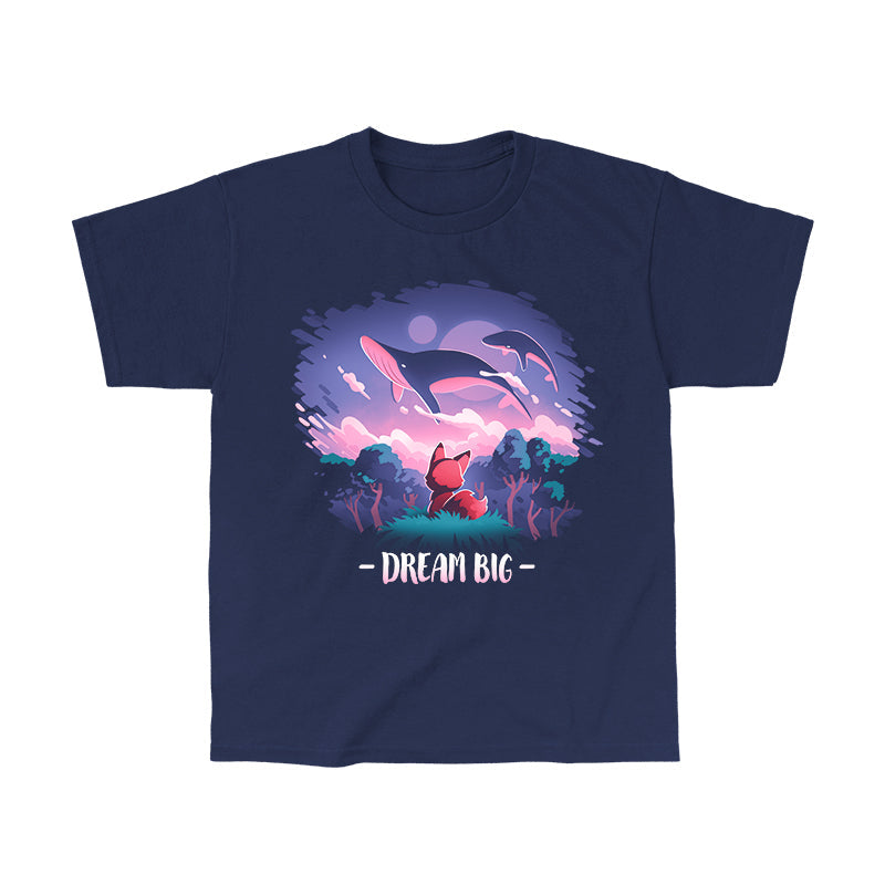 Classic Cotton T-shirt_TeeTurtle Dream Big navy blue t-shirt featuring an orange fox who gazes at magical whales flying in the night sky above a fantasy forest with the text "Dream Big" below.