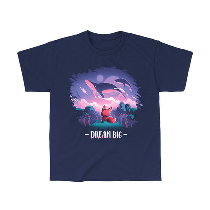 Classic Cotton T-shirt_TeeTurtle Dream Big navy blue t-shirt featuring an orange fox who gazes at magical whales flying in the night sky above a fantasy forest with the text "Dream Big" below.