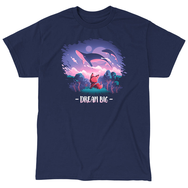 Classic Cotton T-shirt_TeeTurtle Dream Big navy blue t-shirt featuring an orange fox who gazes at magical whales flying in the night sky above a fantasy forest with the text "Dream Big" below.