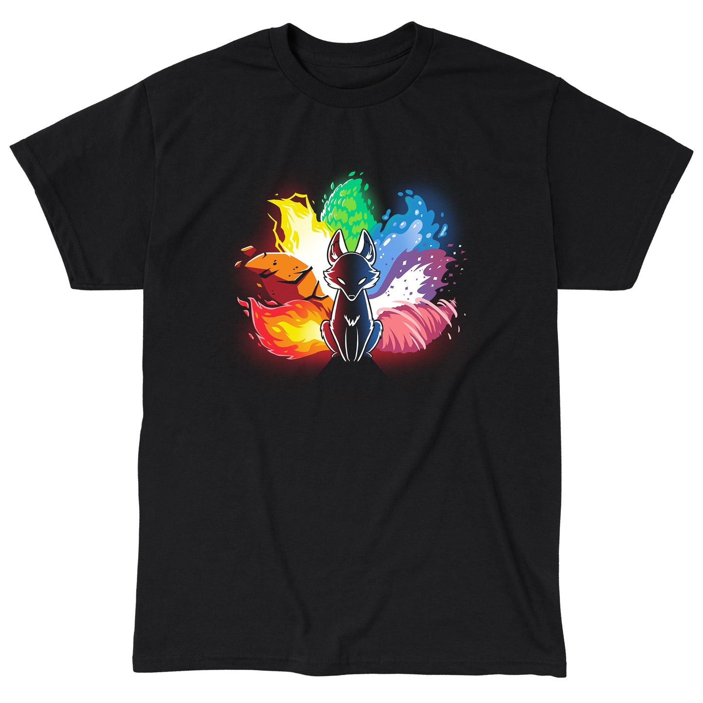 Classic Cotton T-shirt_Stylized image of an Elemental Kitsune with elements of fire, water, earth, and air surrounding it. The fox is in a sitting position with a black body and glowing eyes. This design graces our monsterdigital Elemental Kitsune, offering both comfort and style.