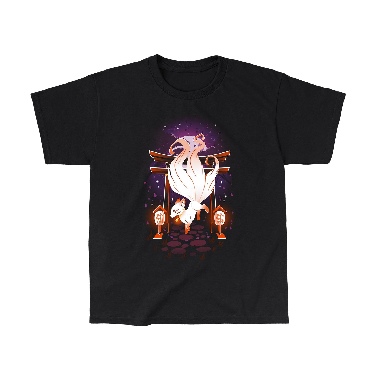 Classic Cotton T-shirt_TeeTurtle black Enchanting Kitsune. Featuring a white kitsune in front of a Japanese temple gate.