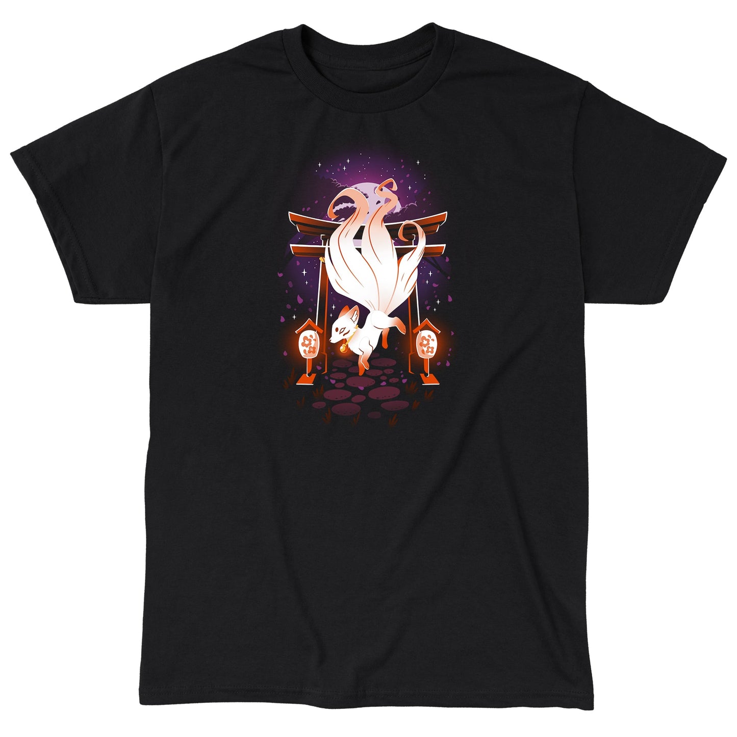 Classic Cotton T-shirt_TeeTurtle black Enchanting Kitsune. Featuring a white kitsune in front of a Japanese temple gate.