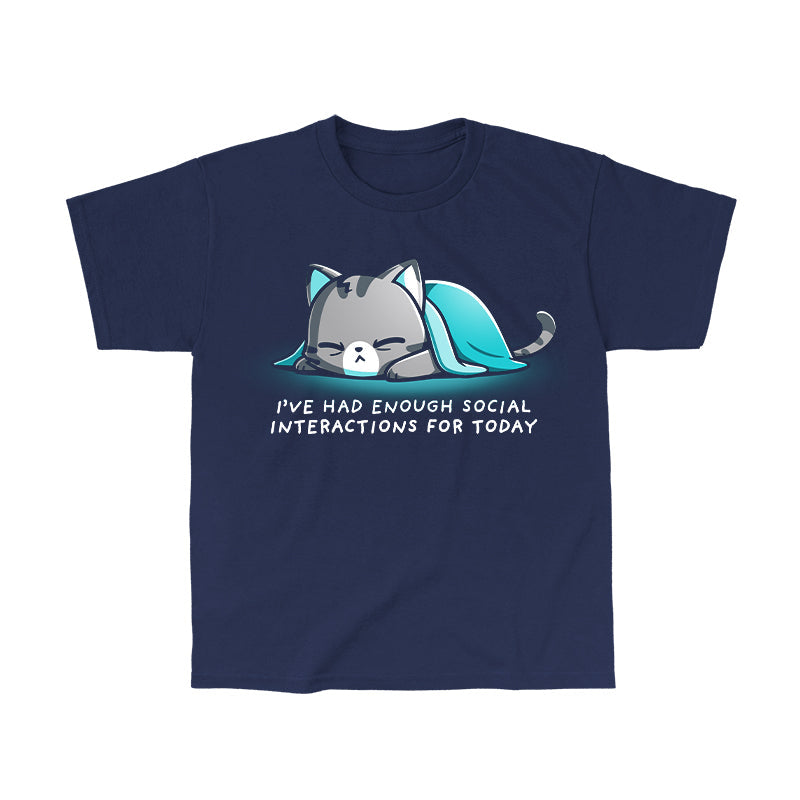 Classic Cotton T-shirt_TeeTurtle Enough Social Interactions Navy Blue t-shirt featuring a cat under a blue blanket.