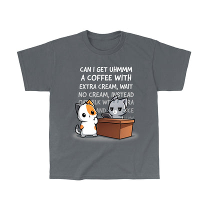 Classic Cotton T-shirt_TeeTurtle Eternal Coffee Order charcoal gray t-shirt featuring a cat placing a very long coffee order at a coffee shop.