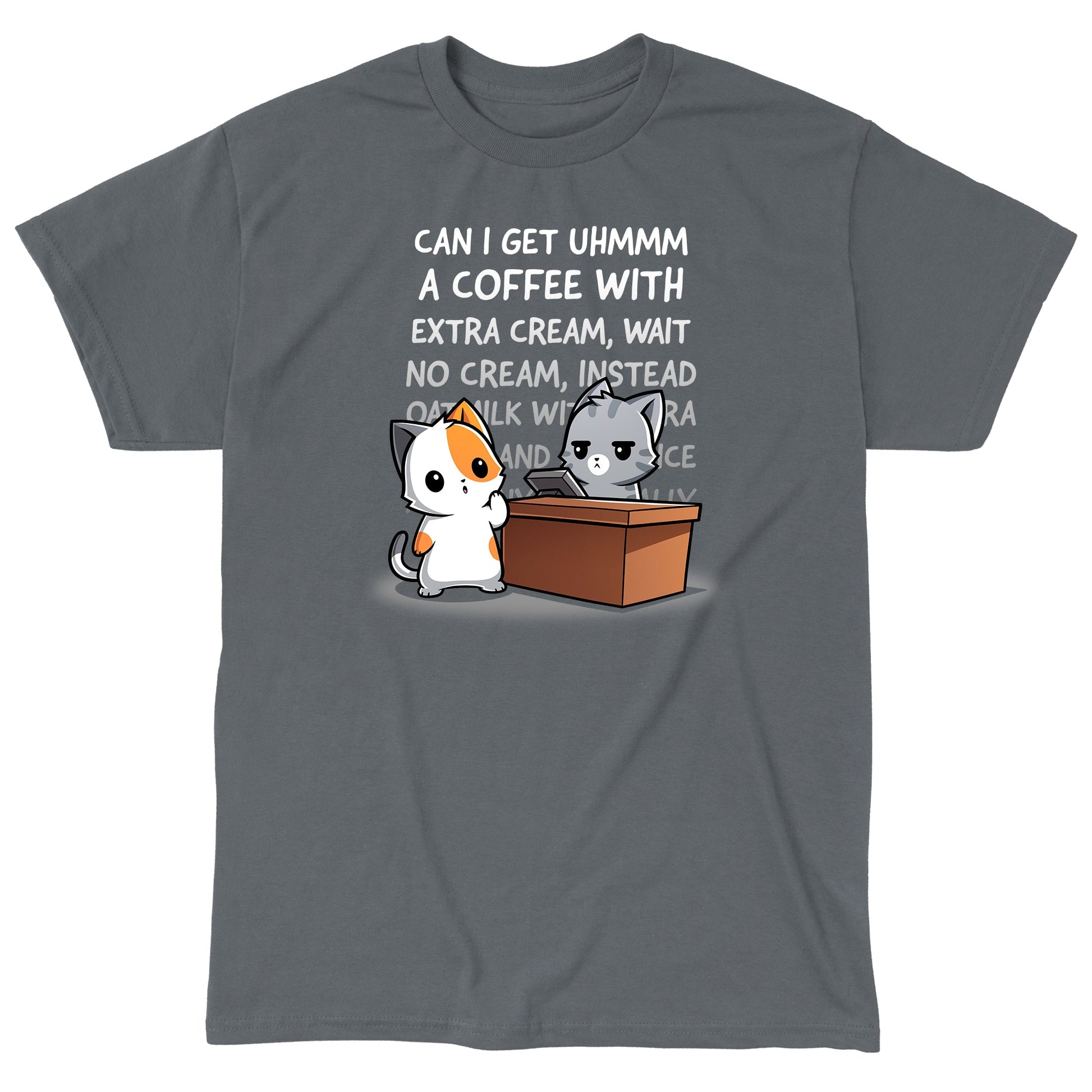 Classic Cotton T-shirt_TeeTurtle Eternal Coffee Order charcoal gray t-shirt featuring a cat placing a very long coffee order at a coffee shop.