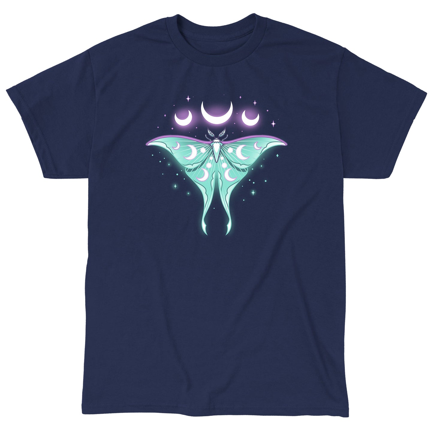 Classic Cotton T-shirt_TeeTurtle Ethereal Moth navy blue t-shirt featuring a celestial moth with moon phases on its wings, glowing against a dark background, surrounded by stars and crescent moons.