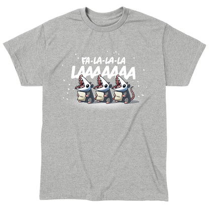 Classic Cotton T-shirt_TeeTurtle heather gray Fa La-La-La LAAAAAAA apparel featuring three opossums holding sheets of paper singing Fa La-La-La LAAAAAAA.