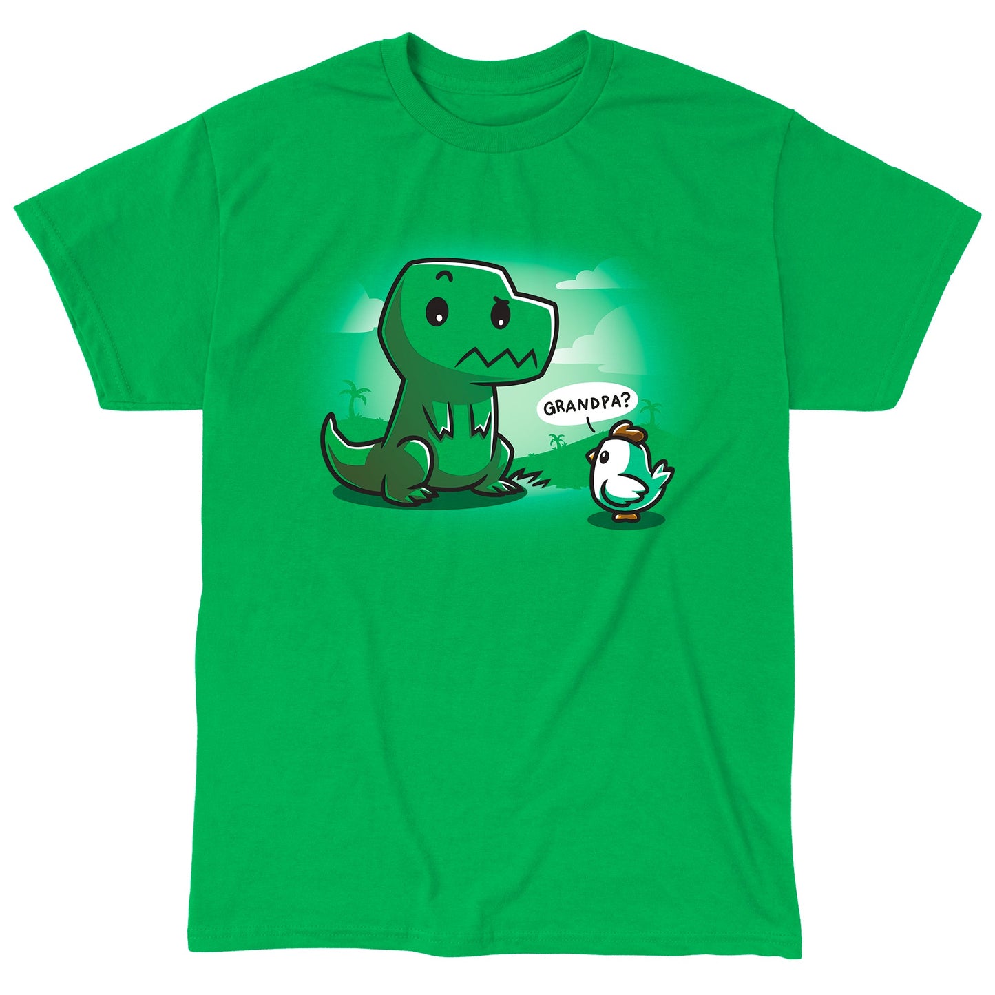 Classic Cotton T-shirt_Teeturtle Family Reunion Irish green t-shirt   featuring a cartoon dinosaur with a puzzled expression sitting in front of a baby chick asking "Grandpa?" on a green background with faint scenery. 