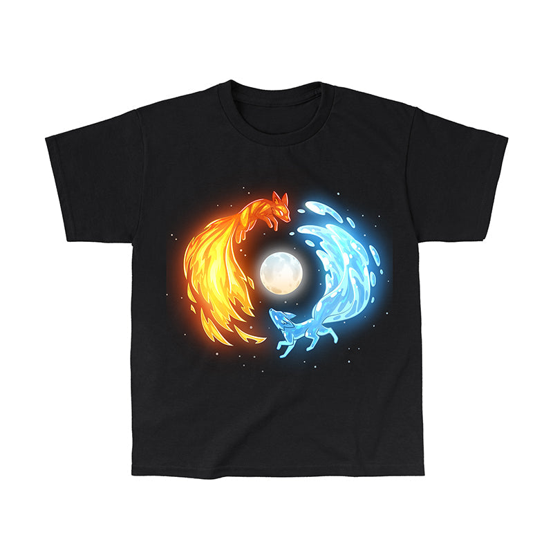 Classic Cotton T-shirt_TeeTurtle black Fire and Water Kitsune Classic Cotton T-shirt featuring fire and water kitsunes running in a circle around a full moon.