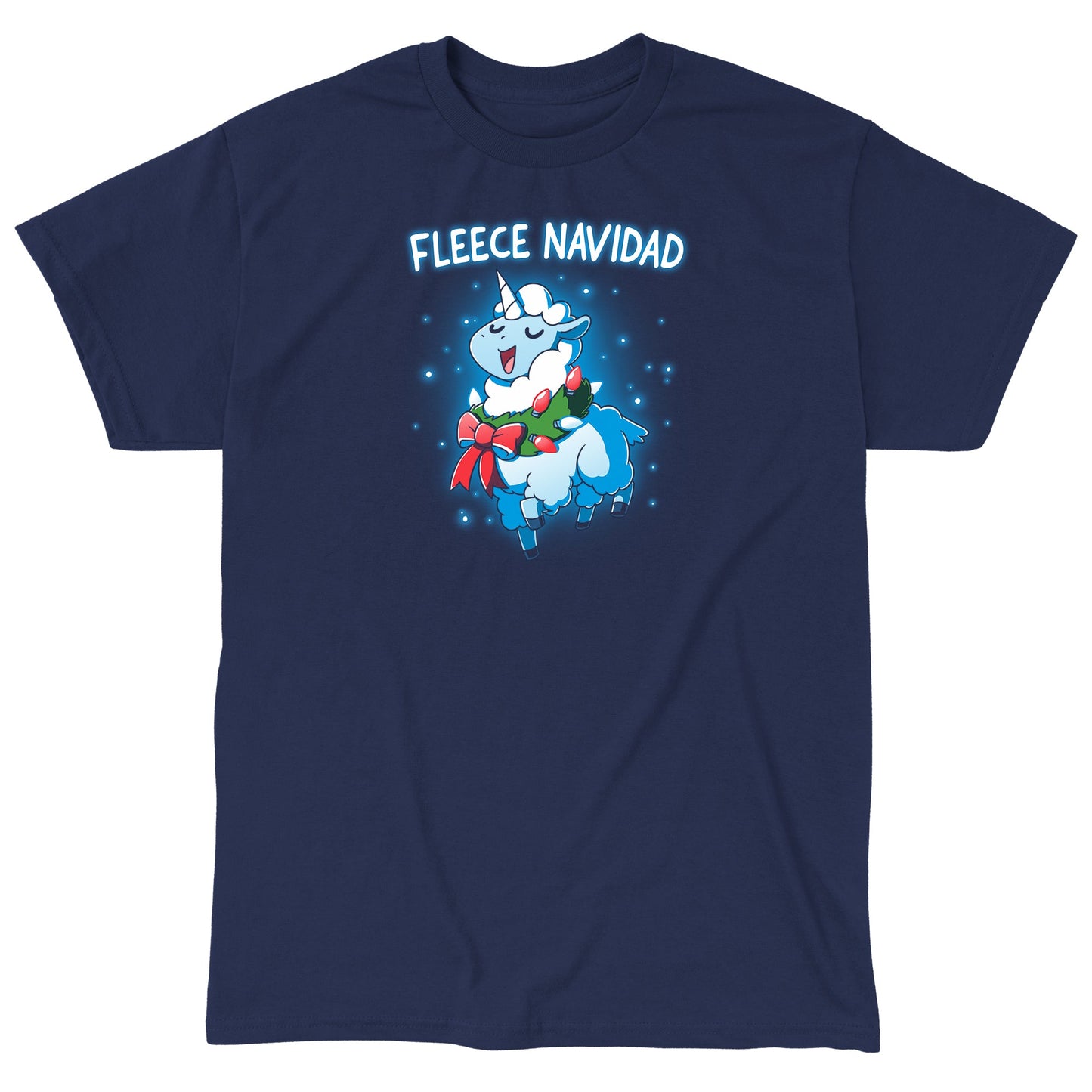 Classic Cotton T-shirt_TeeTurtle Fleece Navidad navy t-shirt featuring a sheep decorated with Christmas lights and a wreath, with the text "Fleece Navidad" above it.