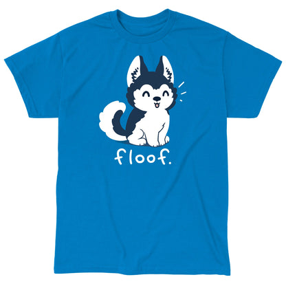 Classic Cotton T-shirt_TeeTurtle Floof sapphire blue t-shirt featuring a fluffy husky with its tongue hanging out posed over the word 'Floof'.