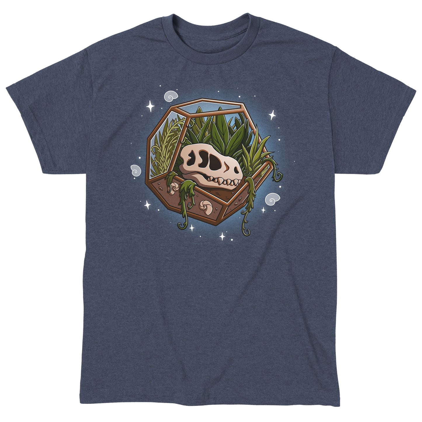 Classic Cotton T-shirt_TeeTurtle Flora Fossils heather navy t-shirt featuring an illustration of a skull in a hexagonal glass terrarium with various plants growing inside, surrounded by small stars and swirls.