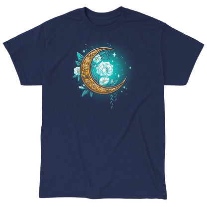 Classic Cotton T-shirt_TeeTurtle Floral Moon Navy Featuring a beautiful gold moon surrounded by white flowers and sparkles