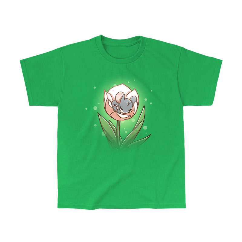 Classic Cotton T-shirt_TeeTurtle Flower Bed Illustration of a small, gray mouse sleeping inside a pink flower blossom against an apple green background with light bubbles