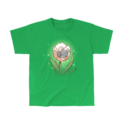 Classic Cotton T-shirt_TeeTurtle Flower Bed Illustration of a small, gray mouse sleeping inside a pink flower blossom against an apple green background with light bubbles