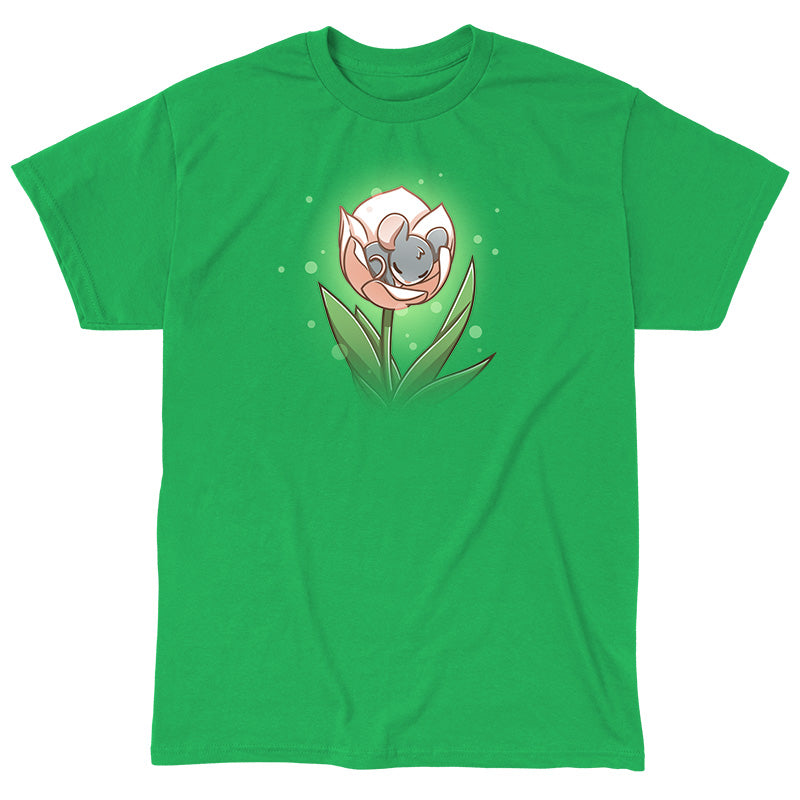 Classic Cotton T-shirt_TeeTurtle Flower Bed Illustration of a small, gray mouse sleeping inside a pink flower blossom against an apple green background with light bubbles