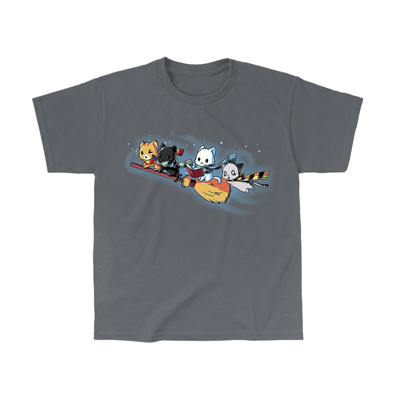 Classic Cotton T-shirt_TeeTurtle Flying House Cats charcoal gray t-shirt featuring a group of four cats wearing striped scarves, riding a magical broom while one is reading.