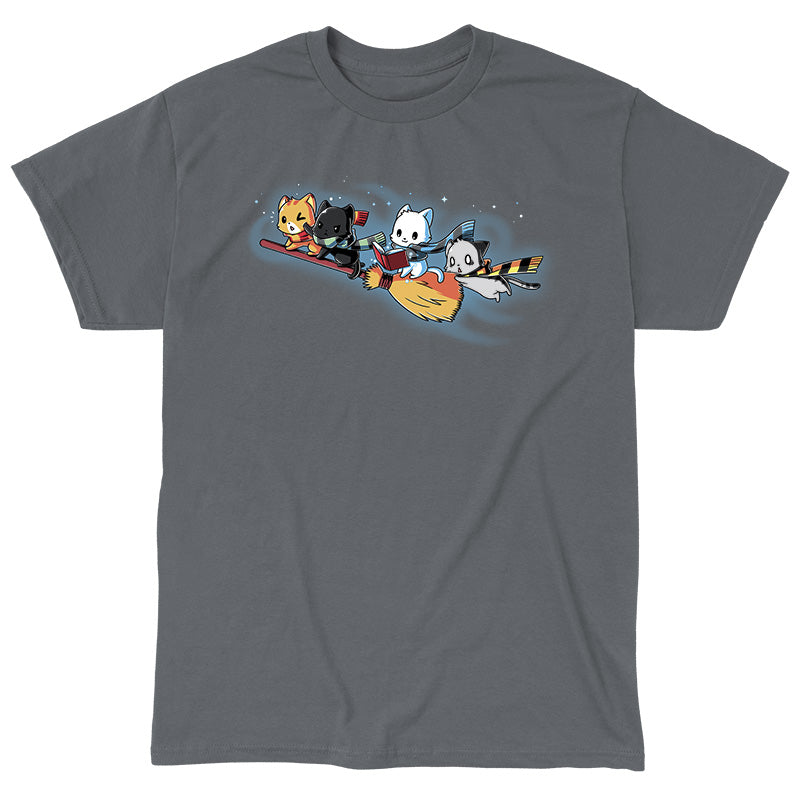 Classic Cotton T-shirt_TeeTurtle Flying House Cats charcoal gray t-shirt featuring a group of four cats wearing striped scarves, riding a magical broom while one is reading.