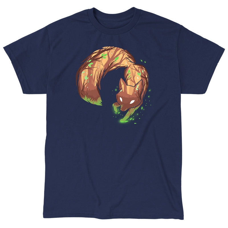 Classic Cotton T-shirt_Illustrated fox with tree bark texture and green leaves on its body, bending in a circular shape against a dark background with glowing green particles on a super soft ringspun cotton Forest Fox apparel by monsterdigital.