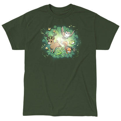 Classic Cotton T-shirt_TeeTurtle forest green Forest Harmony apparel featuring a fox, snake, owl, deer, frog, bird, and other forest animals emerging out of a forest in the background.