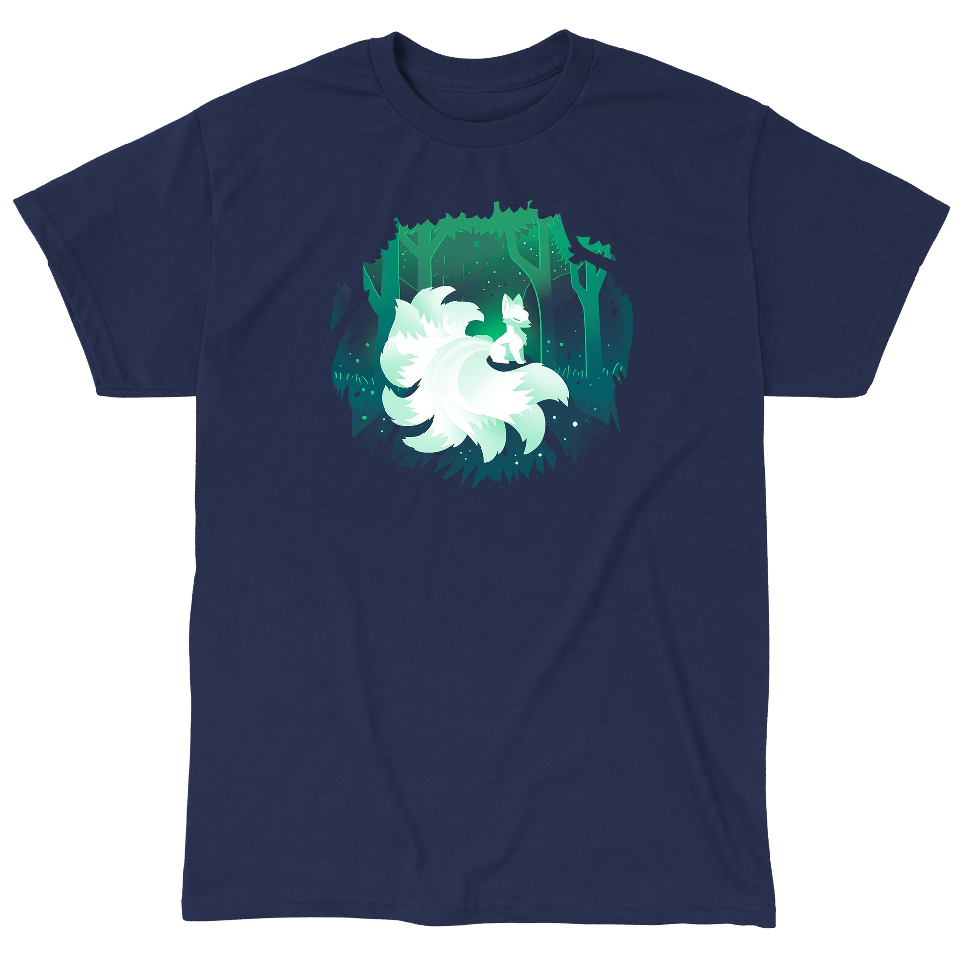 Classic Cotton T-shirt_TeeTurtle Forest Kitsune navy blue t-shirt featuring a glowing kitsune sitting on rock in nature.