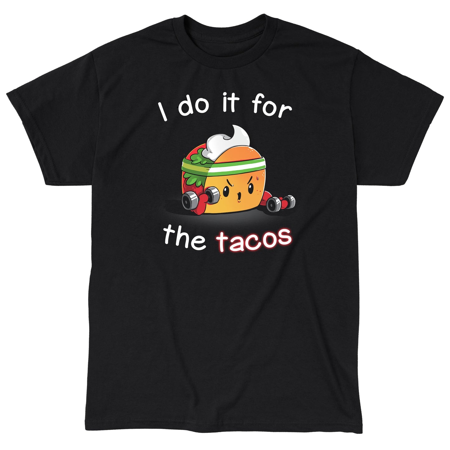 Classic Cotton T-shirt_TeeTurtle For the Tacos black t-shirt featuring a taco lifting weights.