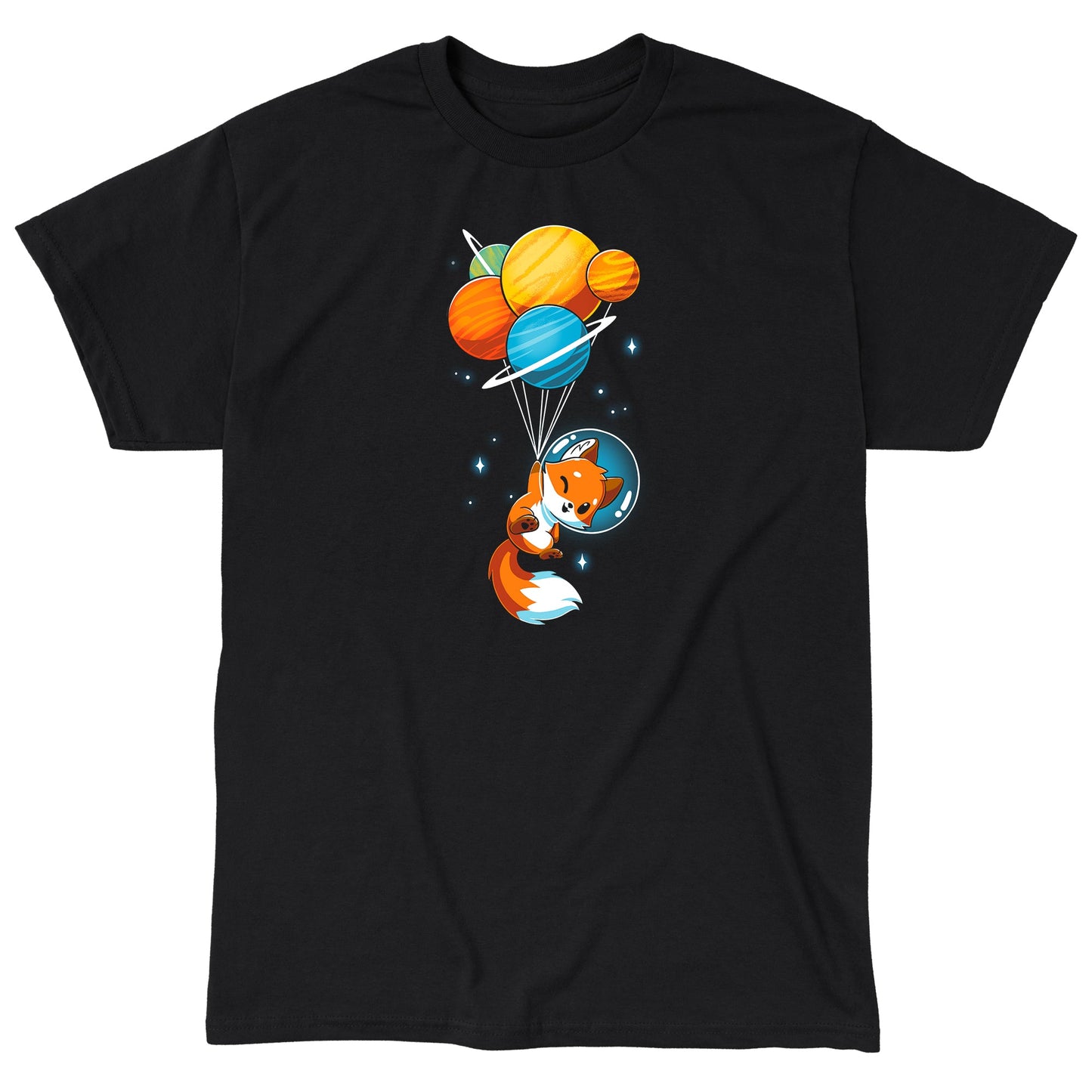 Classic Cotton T-shirt_A cartoon Foxy Astronaut in a space helmet is being lifted by balloons shaped like planets against a dark background. This whimsical design is printed on a super soft ringspun cotton Unisex Tee, perfect for space lovers of all ages. The Foxy Astronaut Unisex apparelby monsterdigital is sure to delight fans everywhere.