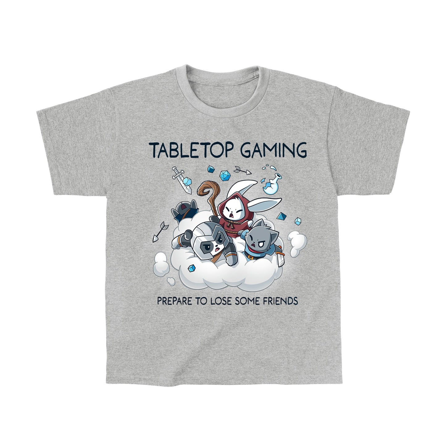 Classic Cotton T-shirt_TeeTurtle Friends or Foes heather gray t-shirt featuring a white bunny in a red hood, a panda wearing a gray helmet and a gray cat holding a sword engaging in a cloud brawl, surrounded by arrows, swords, crystals and a broken jar. Text above reads "TABLETOP GAMING" and below "PREPARE TO LOSE SOME FRIENDS." 