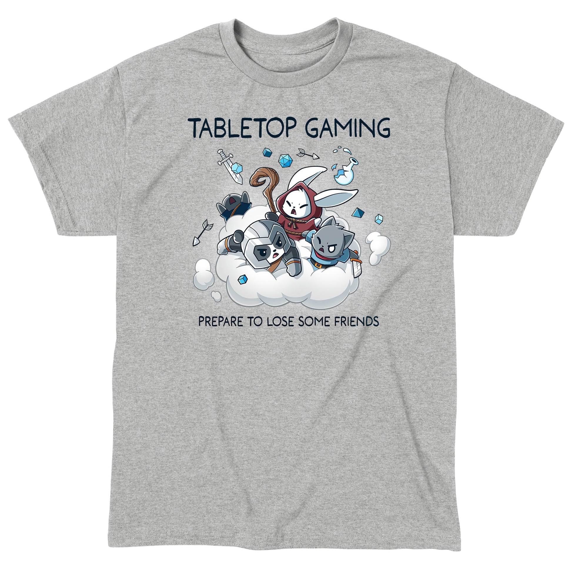 Classic Cotton T-shirt_TeeTurtle Friends or Foes heather gray t-shirt featuring a white bunny in a red hood, a panda wearing a gray helmet and a gray cat holding a sword engaging in a cloud brawl, surrounded by arrows, swords, crystals and a broken jar. Text above reads "TABLETOP GAMING" and below "PREPARE TO LOSE SOME FRIENDS." 