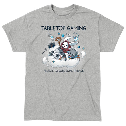 Classic Cotton T-shirt_TeeTurtle Friends or Foes heather gray t-shirt featuring a white bunny in a red hood, a panda wearing a gray helmet and a gray cat holding a sword engaging in a cloud brawl, surrounded by arrows, swords, crystals and a broken jar. Text above reads "TABLETOP GAMING" and below "PREPARE TO LOSE SOME FRIENDS." 