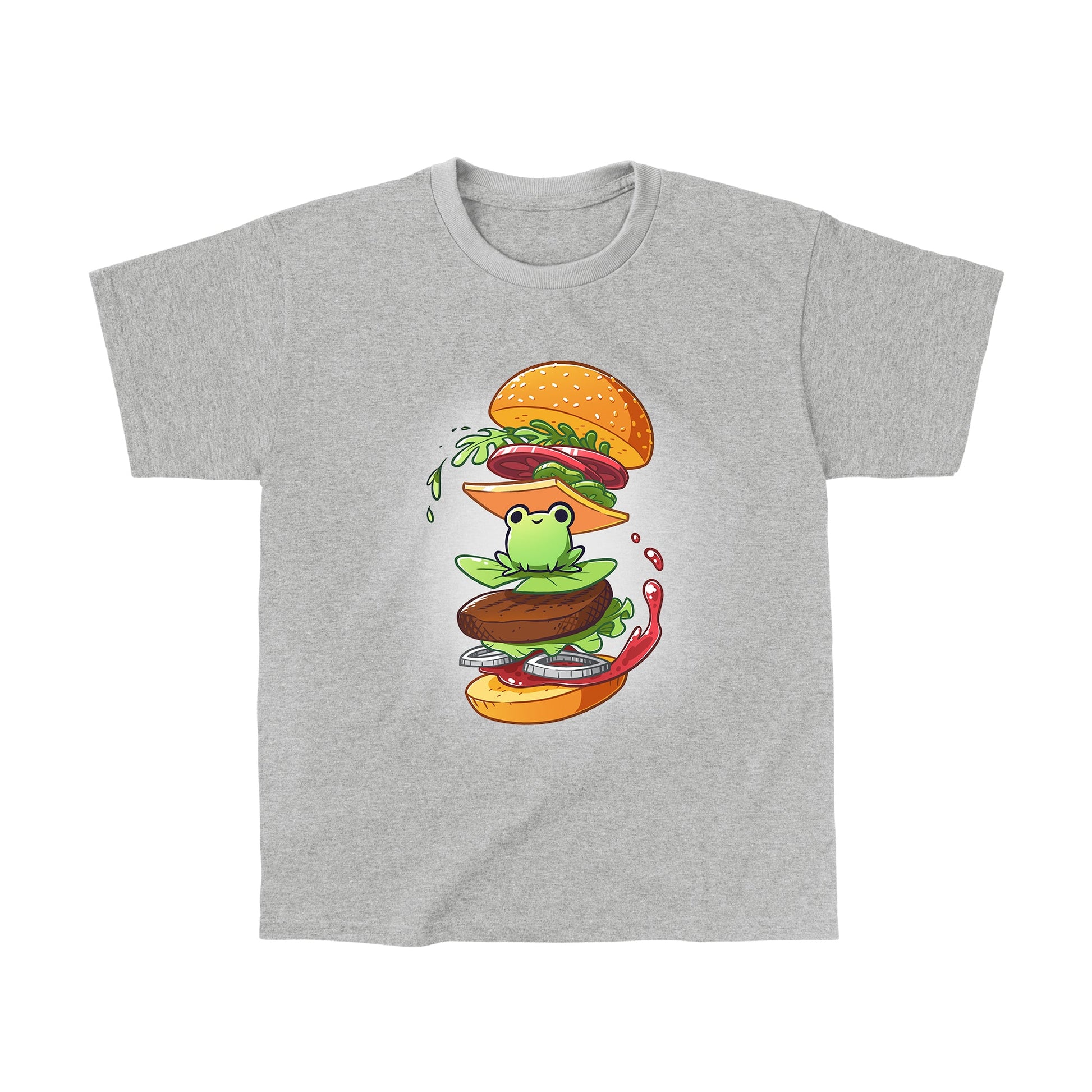 Classic Cotton T-shirt_TeeTurtle heather gray Frog Burger featuring a frog in the middle of a burger’s floating ingredients.