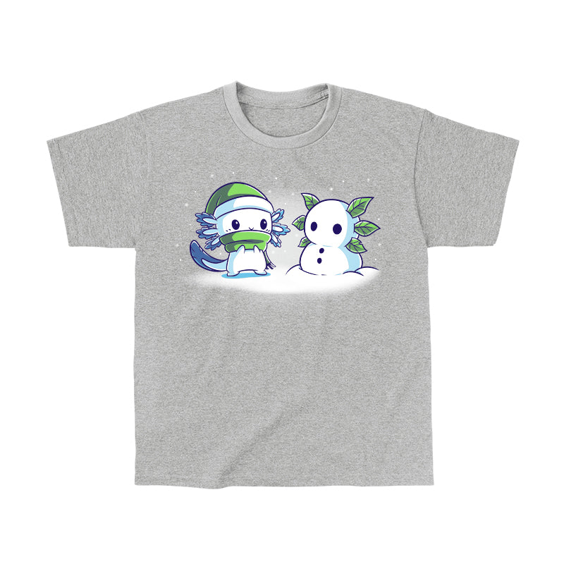 Classic Cotton T-shirt_TeeTurtle Frosty Friend A cute, blue cartoon creature with a green hat and scarf stands next to its Frosty Friend, a snowman with leaf arms, in a snowy setting. 