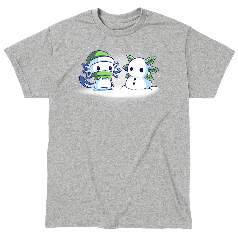 Classic Cotton T-shirt_TeeTurtle Frosty Friend A cute, blue cartoon creature with a green hat and scarf stands next to its Frosty Friend, a snowman with leaf arms, in a snowy setting. 