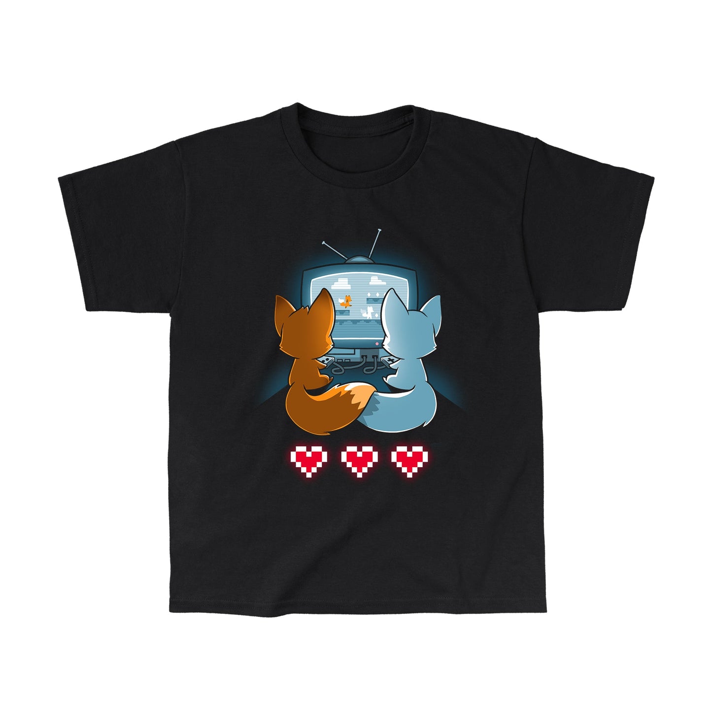 Classic Cotton T-shirt_TeeTurtle Fur the Love of Gaming black t-shirt featuring two foxes playing video games in front of a television.