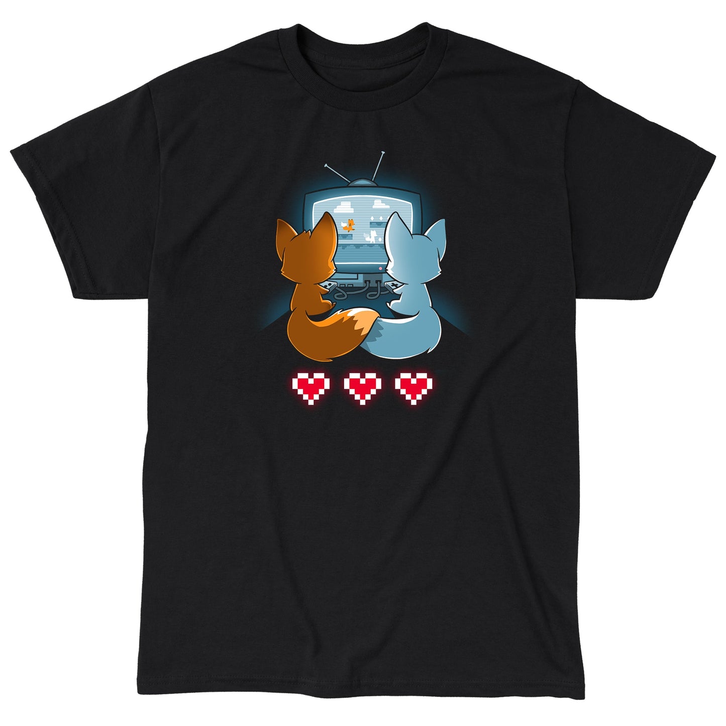 Classic Cotton T-shirt_TeeTurtle Fur the Love of Gaming black t-shirt featuring two foxes playing video games in front of a television.