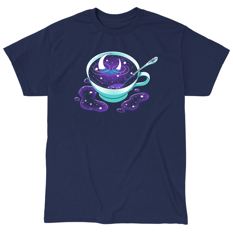 Classic Cotton T-shirt_TeeTurtle Galactic Tea navy blue t-shirt featuring a turquoise cup filled with swirling Galactic Tea.