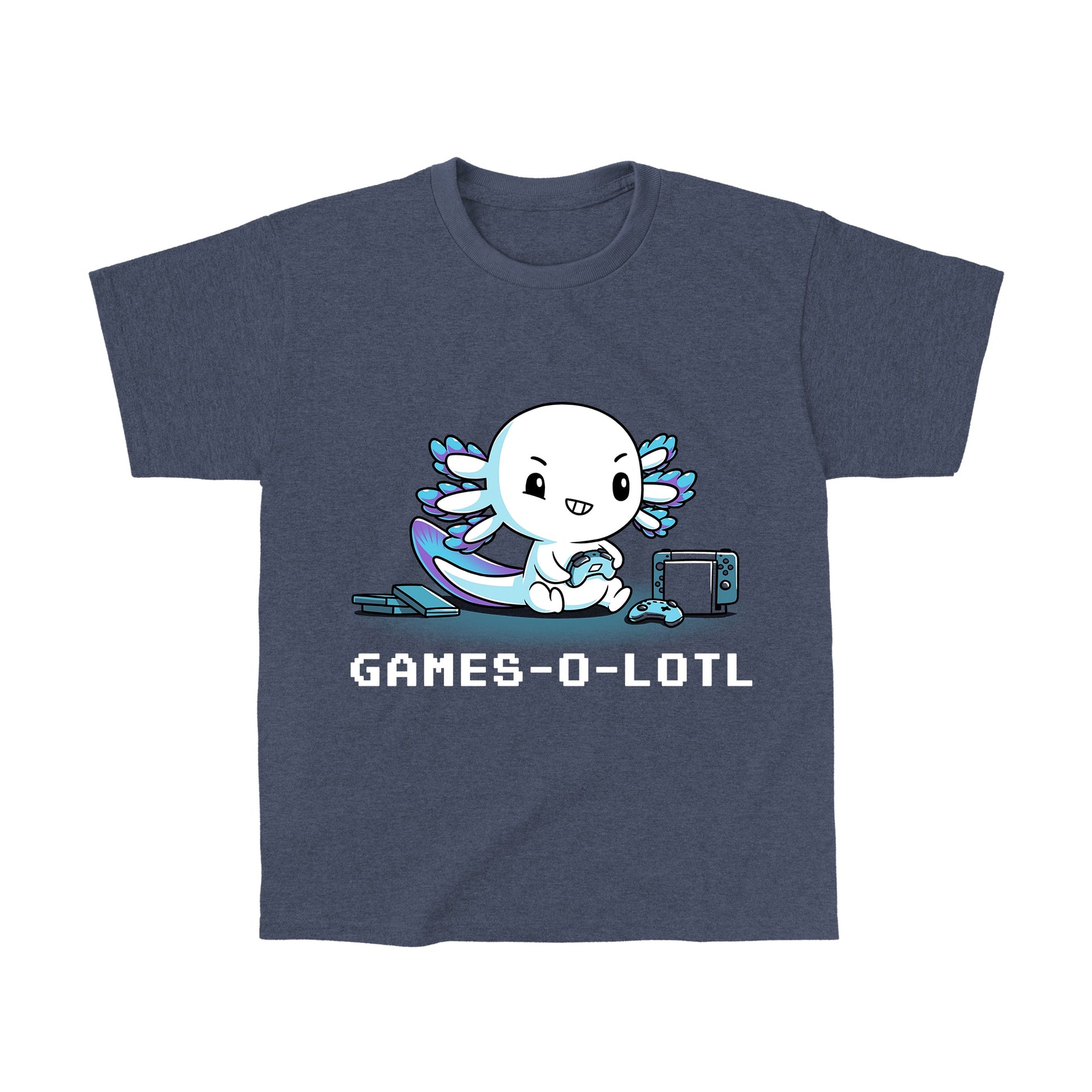 Classic Cotton T-shirt_Teeturtle Games-O-Lotl heather navy blue t-shirt featuring an axolotl playing video games with consoles and controllers around.