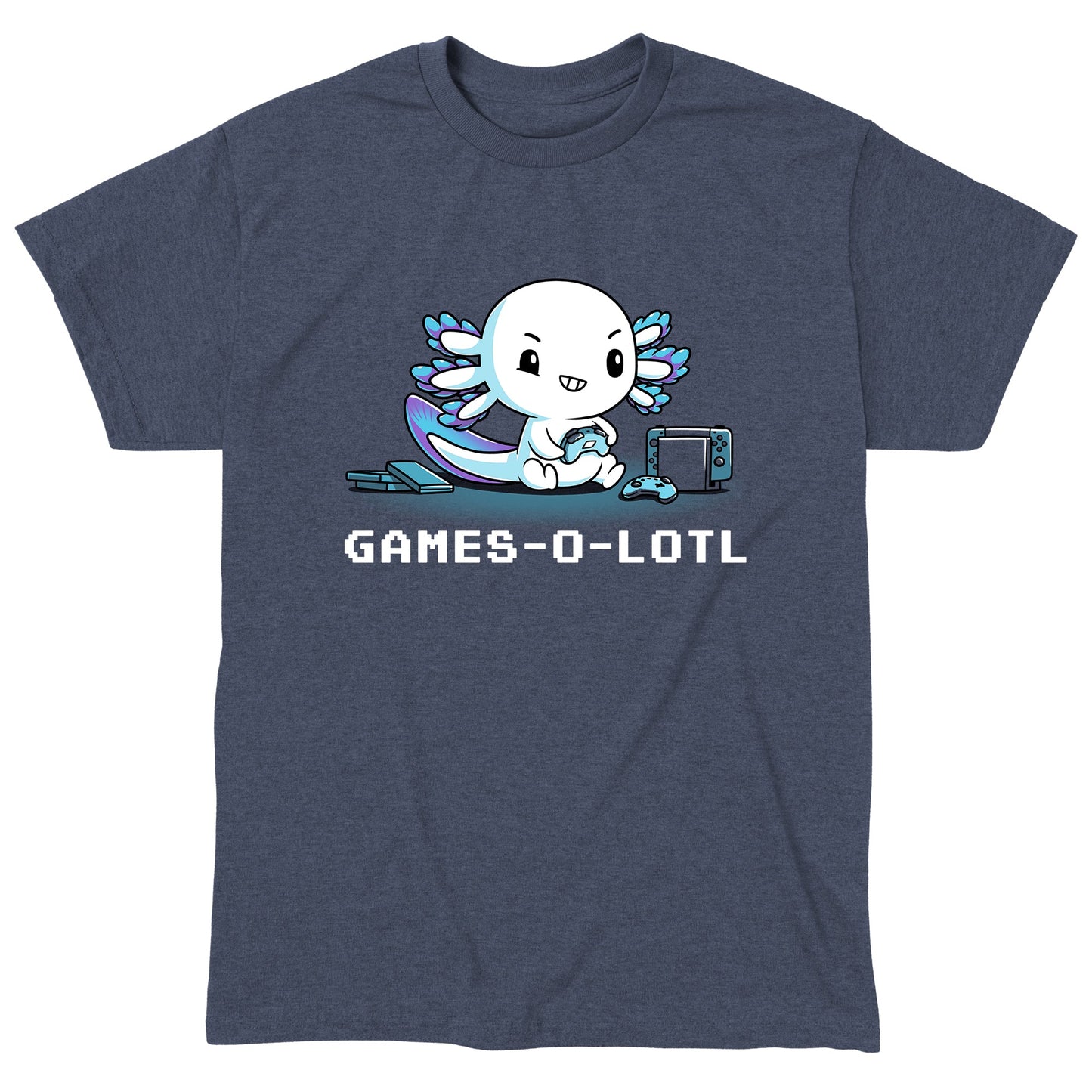 Classic Cotton T-shirt_Teeturtle Games-O-Lotl heather navy blue t-shirt featuring an axolotl playing video games with consoles and controllers around.