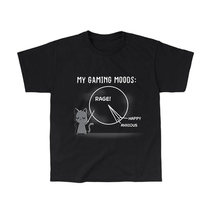 Classic Cotton T-shirt_Teeturtle Gaming Moods black t-shirt featuring a gray-furred cat with a pointing stick pointing to a pie chart that is mostly 'RAGE' with 'Happy' and 'Anxious' as much smaller parts of the chart and 'My Gaming Moods:' written above.