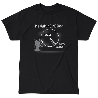 Classic Cotton T-shirt_Teeturtle Gaming Moods black t-shirt featuring a gray-furred cat with a pointing stick pointing to a pie chart that is mostly 'RAGE' with 'Happy' and 'Anxious' as much smaller parts of the chart and 'My Gaming Moods:' written above.