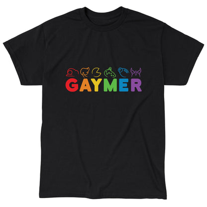 Classic Cotton T-shirt_TeeTurtle black Gaymer. Featuring rainbow text spelling out, "Gaymer" with video game elements on top.