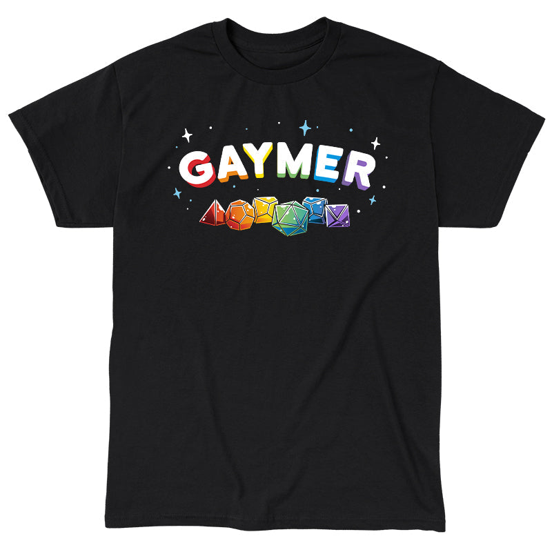 Classic Cotton T-shirt_TeeTurtle Gaymer (Tabletop Gaming) black t-shirt featuring tabletop gaming dice in the colors of the pride rainbow.