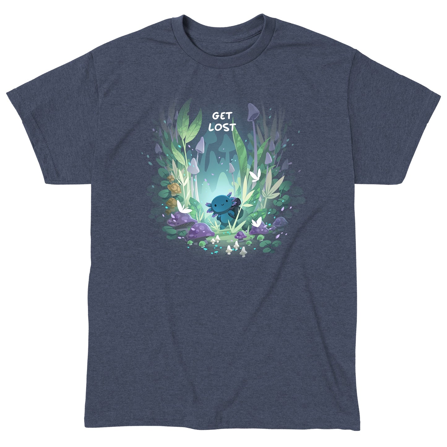 Classic Cotton T-shirt_TeeTurtle Axolotl Explorer heather navy t-shirt featuring an axolotl surrounded by vibrant, mystical forest plants and mushrooms, with the phrase "get lost" at the top.