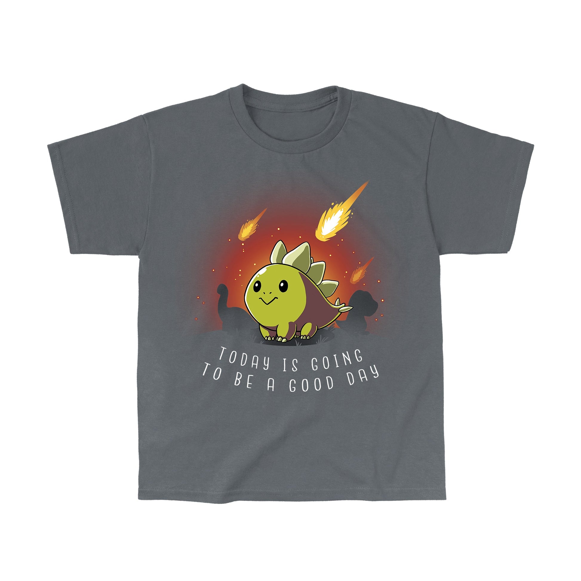 Classic Cotton T-shirt_TeeTurtle charcoal gray Good Day. Featuring an optimistic stegosaurus surrounded by falling apocalyptic meteors.