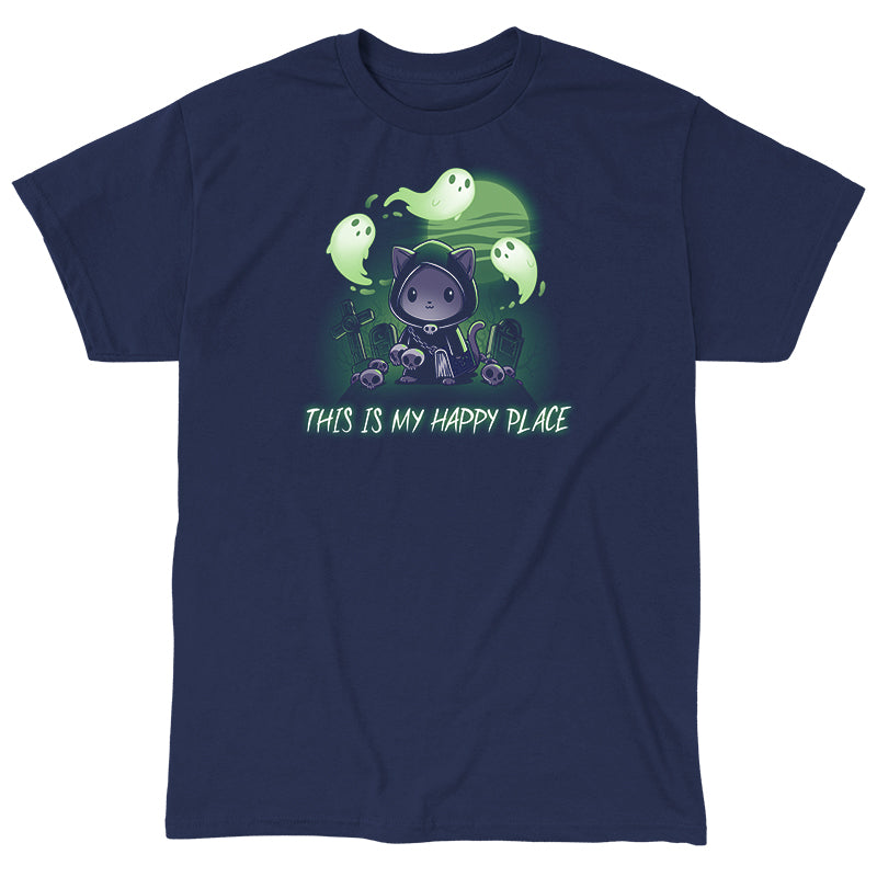 Classic Cotton T-shirt_TeeTurtle Graveyards are My Happy Place navy blue t-shirt featuring an illustration of a cat wearing a black, hooded cape and holding a book standing in a graveyard surrounded by skulls and tombs with ghosts floating above. "THIS IS MY HAPPY PLACE" is written below the illustration.