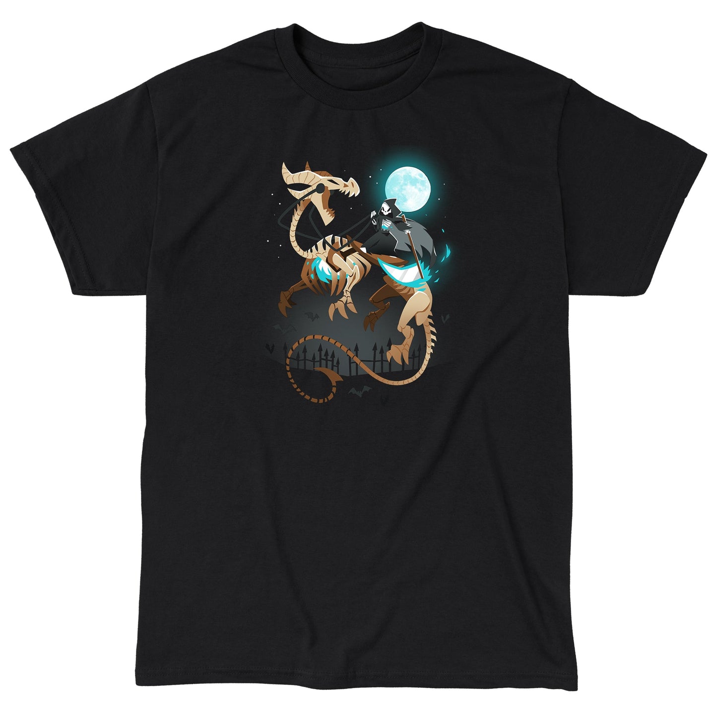 Classic Cotton T-shirt_TeeTurtle Grim Night black t-shirt featuring a grim reaper riding on a skeletal dragon under a spooky full moon.